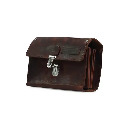 Portefeuille vintage bruin leder 6 vakken + riem/drukslot