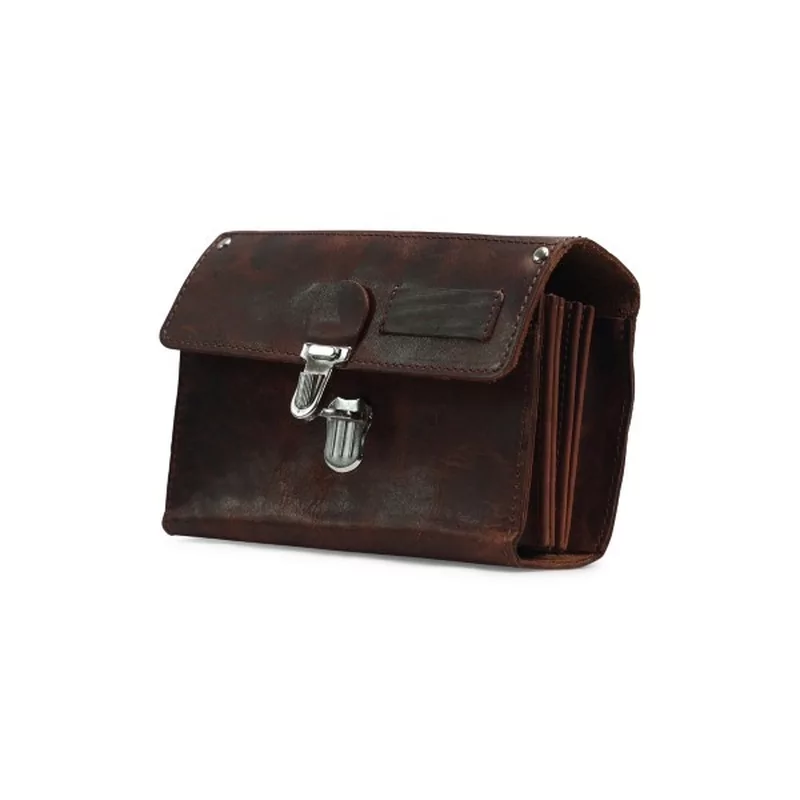 Portefeuille vintage bruin leder 6 vakken + riem/drukslot