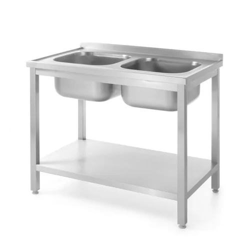 Tafel met 2 spoelbakken en plank – met bouten, diepte 600 mm