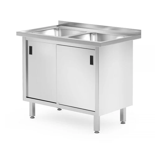 Tafel met 2 spoelbakken, kast – gelast, met schuifdeuren